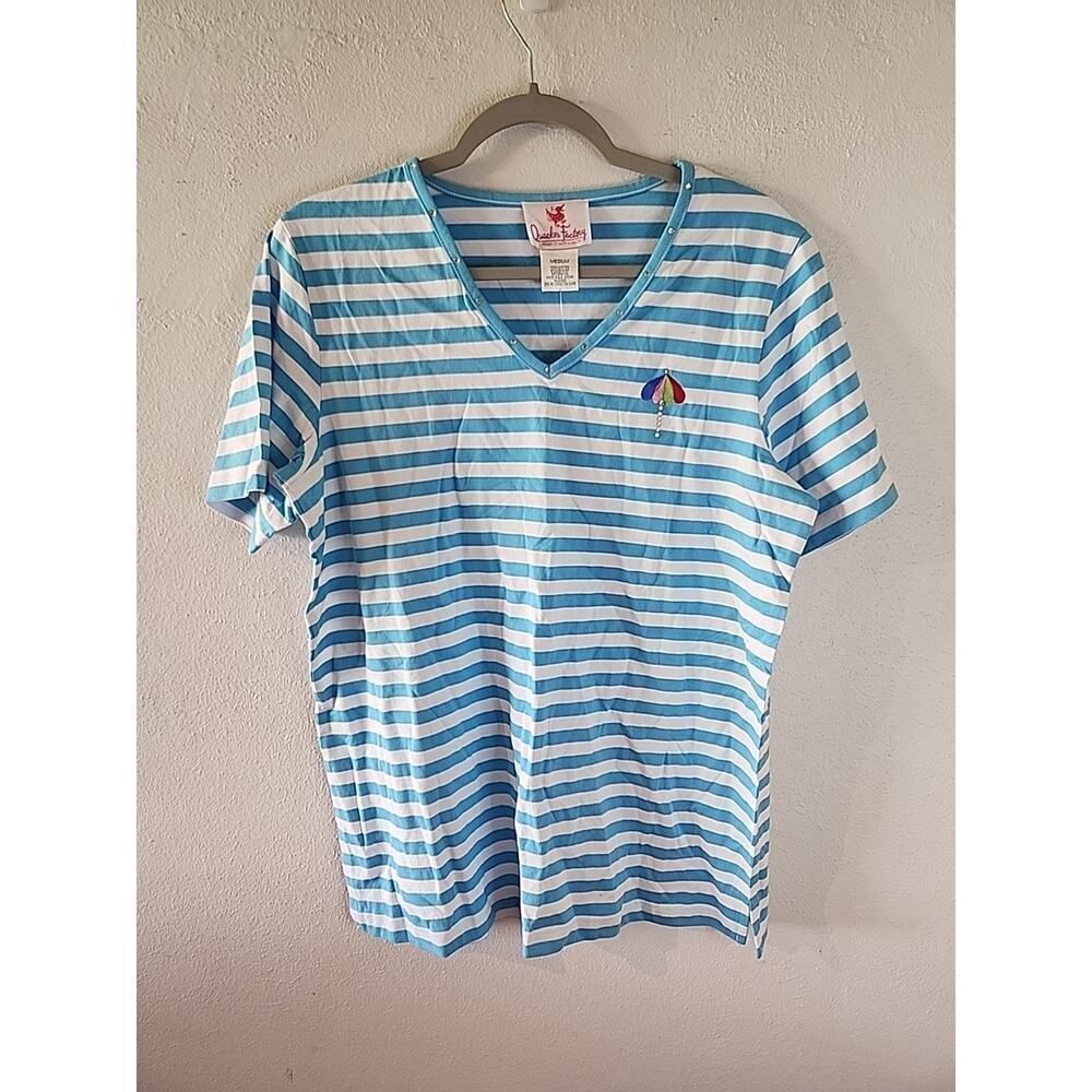 Quacker Factory Women's M Blue & White Striped Top with Beach Umbrella NWT